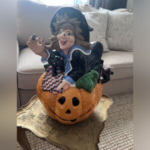 Ceramic Witch Black Cat Pumpkin Jack O Lantern Hand Painted Halloween Decor